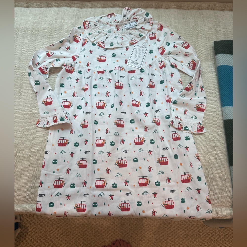 Girls' Cable Car Print Nightgown - White with Red & Green